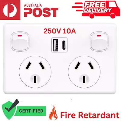FAST Charge 3.6 Amp USB Type-C 10A Amp GPO Wall Outlet Double Power Point Supply • $18.49