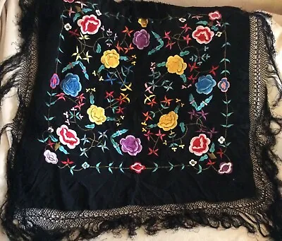 Vintage Brightly Embroidered Black Silk Piano Shawl W/ Fringe • $99.99