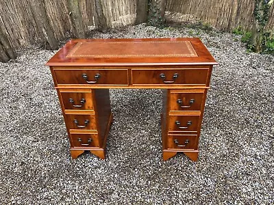 Antique Reproduction Yew Leather Top Knee Hole Desk Twin Pedestal Drawers • £180