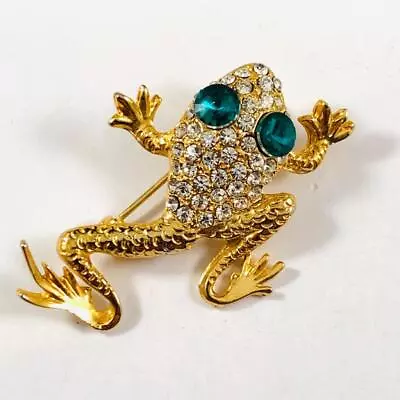 Sparkly Rhinestone Vintage Frog With Green Eyes Gold Tone Brooch Estate Pin • $19.99