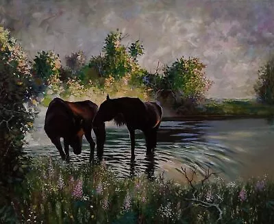 Original READY Canvas Painting Of Horses In The Lake In Front Of A Rose 25x31 In • £523.90