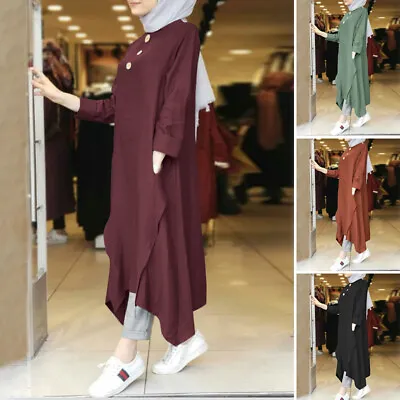 ZANZEA Womens Muslim Long Sleeve Asymmetric Hem Tunic Abaya Jubba Maxi Dress UK • $23.58