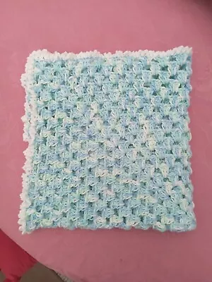 Handmade Crochet Aran Baby Blanket In Shades Of Blue Aqua And White.  • £8