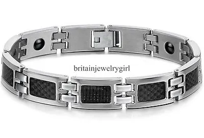 Stainless Steel Mens Womens Black Carbon Fiber Magnetic Stone Bracelet Bangle • $11.69