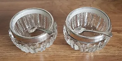 Pair Beautiful Vintage Cut Glass Salts Hallmarked Silver Rim  With Spoons • £24.99