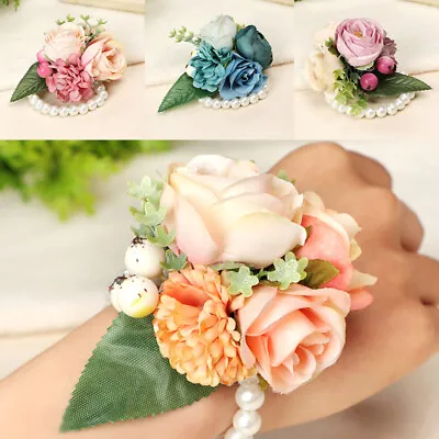 Bride Wrist Corsage Bracelet Bridesmaid Hand Flower Wedding Party Decor • £3.23