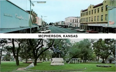 Mcpherson KS- Kansas Street View And Statue In Park Vintage Postcard • $6.25