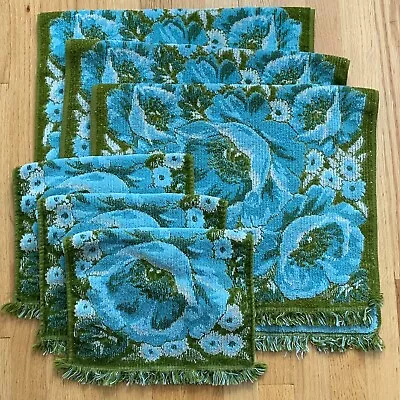 Vintage Fieldcrest Floral Cotton Hand Towels Blue Green Retro Fringe LOT 6 Pc • $49.99