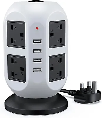 8 Way Tower Power Extension Lead With USB 3M_UK Plug Multi Socket Surge Protect • £18.99