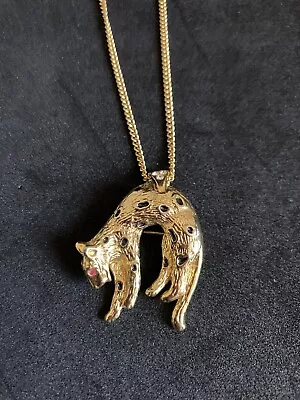 Vintage Gold Tone Long Chain Leopard Pendant Dual Necklace Or Brooch - VGC • £14.99