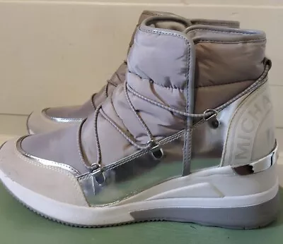 MICHAEL KORS Metallic Silver White & Gray ANKLE HIGH  Slip On Snow Boots Sz 10M • $69.95