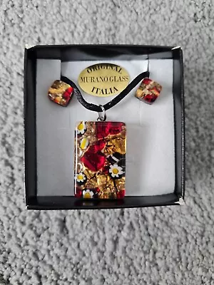  New Murano Glass Gold Foil Red Multi Colour Pendant Necklace & Stud Earrings • £60