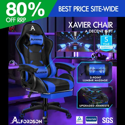 ALFORDSON Gaming Office Chair Massage Racing Computer Seat Footrest Leather Blue • $139.95