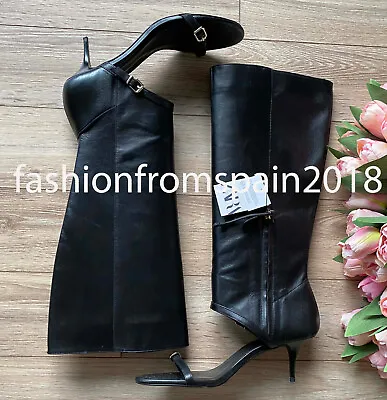 Zara New Woman High-heel Boot Leather Gaiter Sandals Black 2337/310 • $154.88