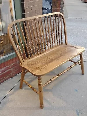 Vintage American Solid Oak Deacon's Spindle Bench Settee • $249.99