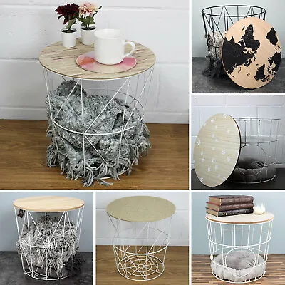 Black Metal Wire Round Side Table Marble Wood Top Storage Basket Home Furniture • £27.95