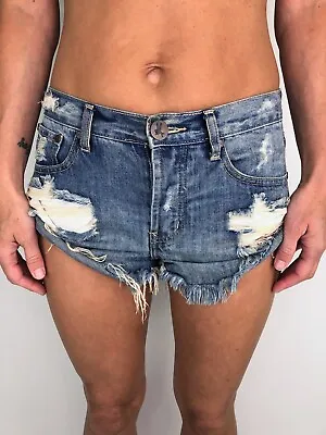 One By One Teaspoon Bandits Shorts Size 24 / 6 Cutoff Blue Denim Distressed • $45