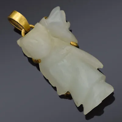 Antique 14K Yellow Gold Mutton Fat Jade Carved Deity Pendant 33.5 X 18.1 Mm • $595