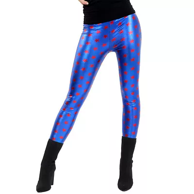 CRAZY CHICK Ladies Shiny Metallic Blue With Red Stars Legging Fancy Party Wear • £9.99