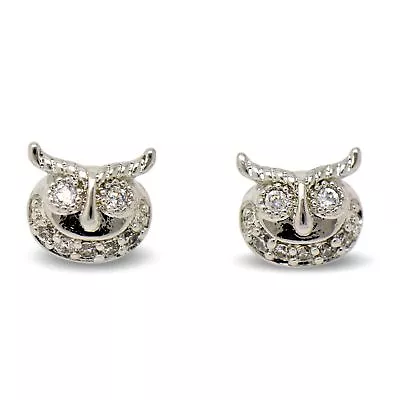 9ct White Gold Filled Womens Or Girls Small Owl Stud Earrings White CZ Crystals • £12