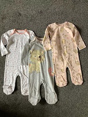 Baby Girl Pack Of 3 Animal Sleep Suits 6-9 Months  Brand New  Pink/grey/white • £15