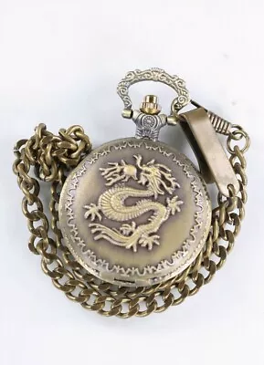 Quartz Pocket Watch Men Stainless Steel Gold WR Battery White 14  Dragon Chain • $24.93