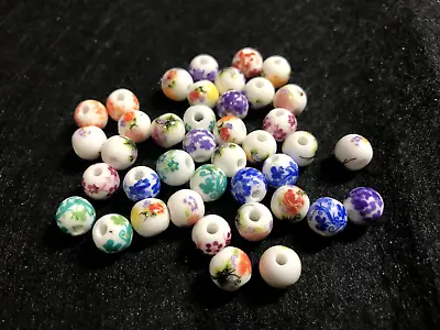 8mm Ceramic Beads With Printed Floral Patterns And 2mm Hole Mixed 20pc • £2.99