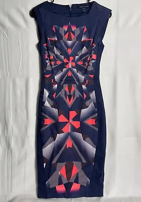 French Connection Sz 2 Abstract Navy Sheath Midi Pencil Dress Sleeveless • $19.99