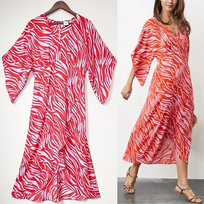 Cabi Saunter Maxi Dress Red Lavender Zebra Print Kimono Sleeves Wrap Skirt S • $53.99
