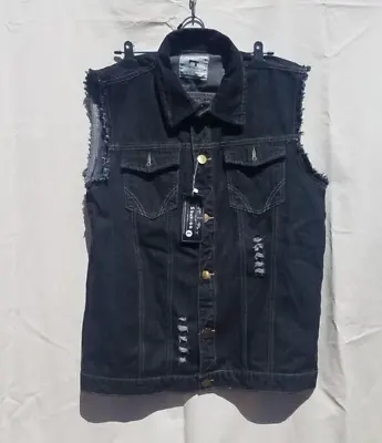 Saukiee Men's Casual Lapel Denim Vest Jacket Slim Fit Sleeveless Ripped • $30