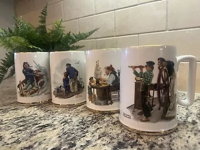 Vintage 1985 Norman Rockwell Museum Coffee Mugs Cups Set Of 4 White W/ Gold Trim • $22