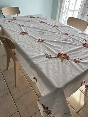 Vtg Linen Tablecloth Bells Stars Poinsettias Napkins Imperial Elegance 62 X 95  • $29.84