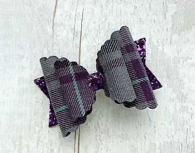 Handmade School Hair Bow In Purple Tartan Fabric/glitter..(clip) • £4