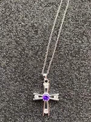 $18 • Buy Amethyst February Birth Stone Cross Necklace Sterling Silver With Rhinestones