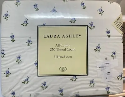 Vintage Laura Ashley Emilie Full Fitted Sheet Blue White Floral COTTAGECORE • $49.99