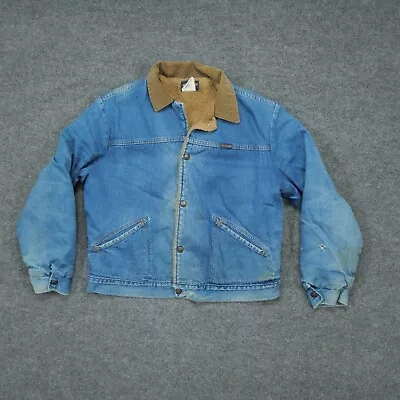 Vintage Wrangler Jacket Adult 44 Large Blue Denim Jean Sherpa Lined Mens 80s • $32.77
