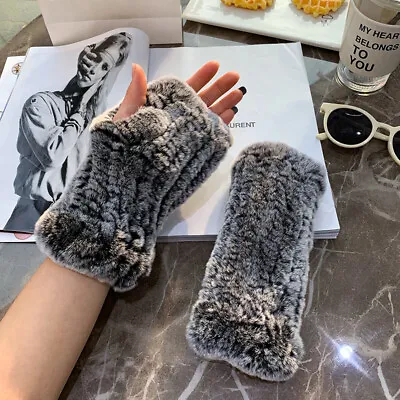 Womens Gloves Knitted Winter Real Rabbit Fur Stretch Fingerless Mitten Gloves • $16.99