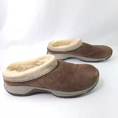 Merrell Encore Ice Slippers Brown Suede Slip On Faux Fur Lined Shoes Size 10 • $28.49