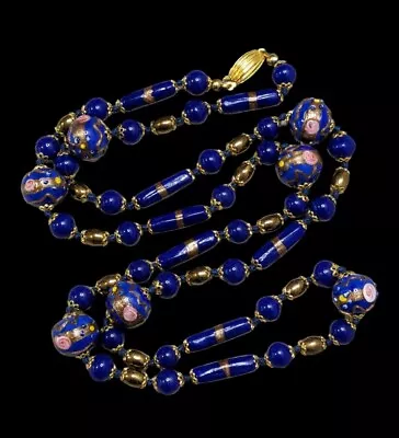 Vintage Cobalt Blue Venetian Wedding Cake Glass Bead Knotted Necklace 35  • $60