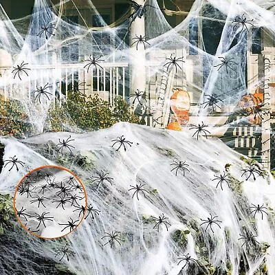 Halloween Spider Web Stretchable Cobweb With Small Spiders Halloween In/Outdoor • £3.95