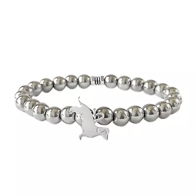 925 Italy Silver Dachshund Charm In Hematite Beads Bracelet 7  • $50