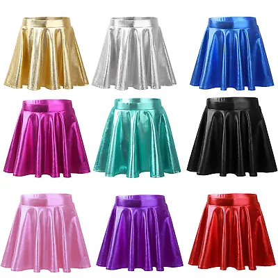 UK Kid Girls Shiny Metallic Skater Mini Pleated Skirt Jazz Hip Hop Dance Costume • £13.01