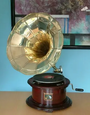 Replica Gramophone Player 78 Rpm Round Phonograph Brass Horn HMV Vintage Wind Up • £89.99