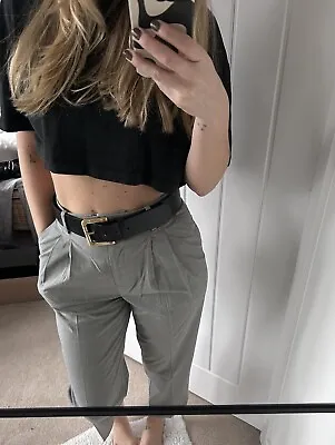 H&m Grey Cropped Chino Pants High Waist Trousers 10 Smart Ankle Length • £15