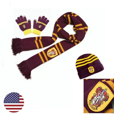 Set/3Pcs Harry Potter Gryffindor House Cosplay Knit Wool Scarf Hat Glove Costume • $19.99