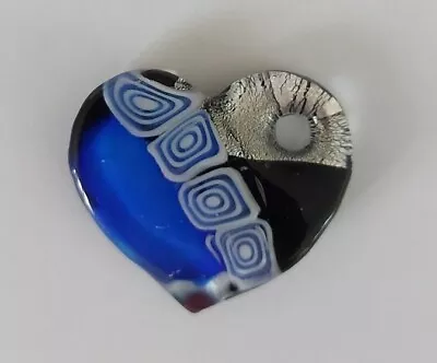 Murano Style Glass Art Heart Pendant ~ Blue/ Silver/ Black • £5.99