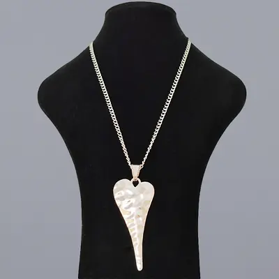Tibetan Silver Color Large Hammered Heart Pendant Necklace Long Chain Lagenlook • £5.74