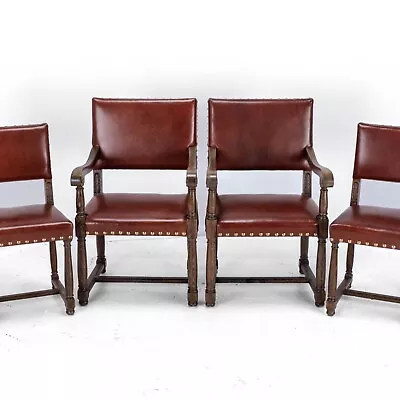 Oak & Leather Upholstered Set Of 4 Cromwellian C17th Dining Chairs & Carvers • £499