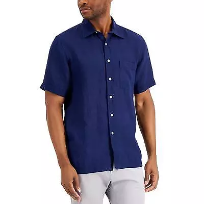 Club Room Mens Linen Short Sleeve Button Down Shirt Navy Blue Medium • $20