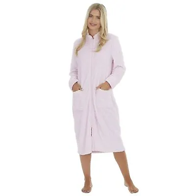 Ladies Womens Housecoat Robe Zip Through Fleece Embosssed Dressing Gown Pink • £19.95